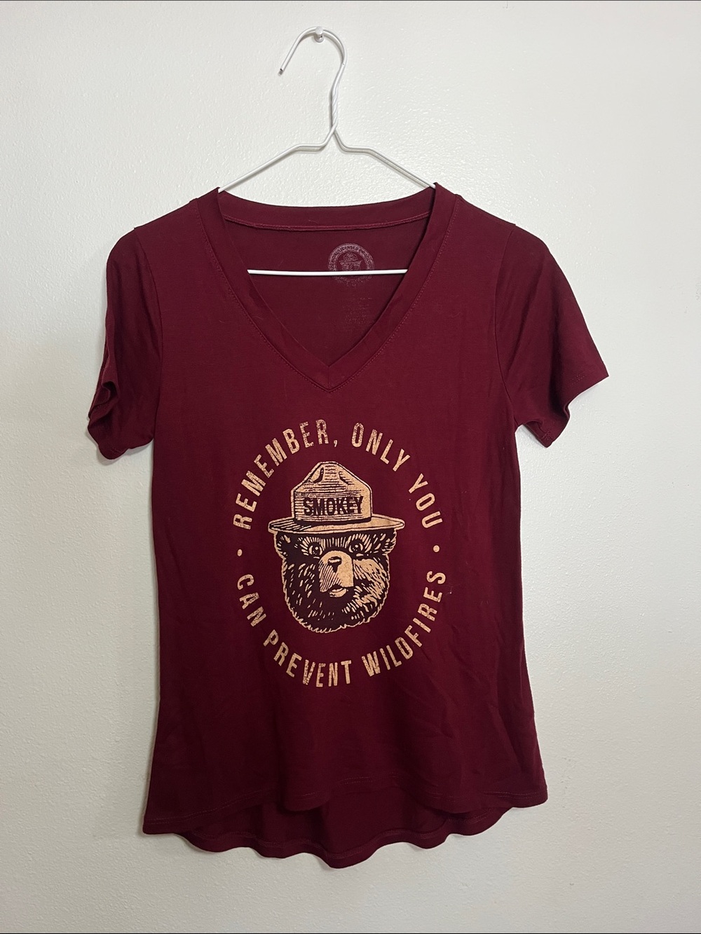 Smokey Bear V-Neck Graphic Tee - Maroon